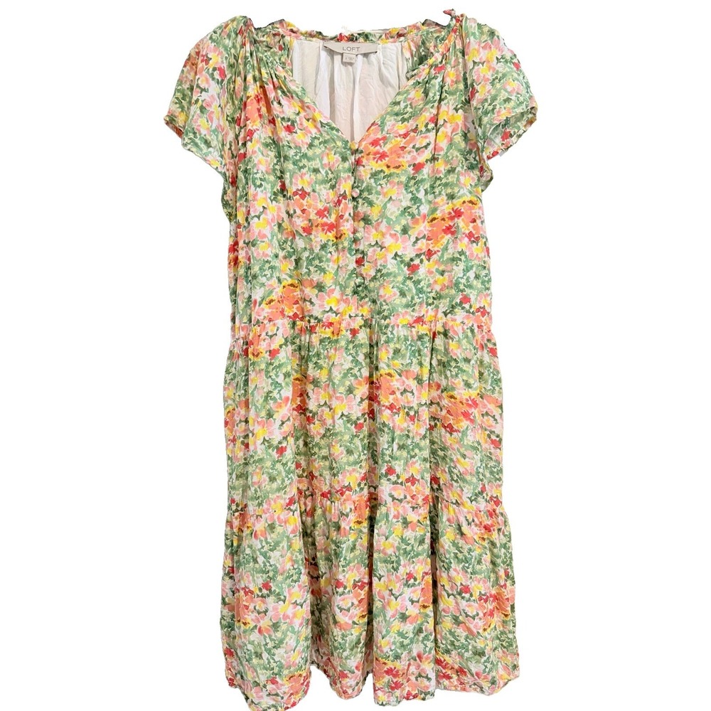 LOFT Floral Tiered Dress Womens Size S Cottagecore Garden Tea Party Brunch